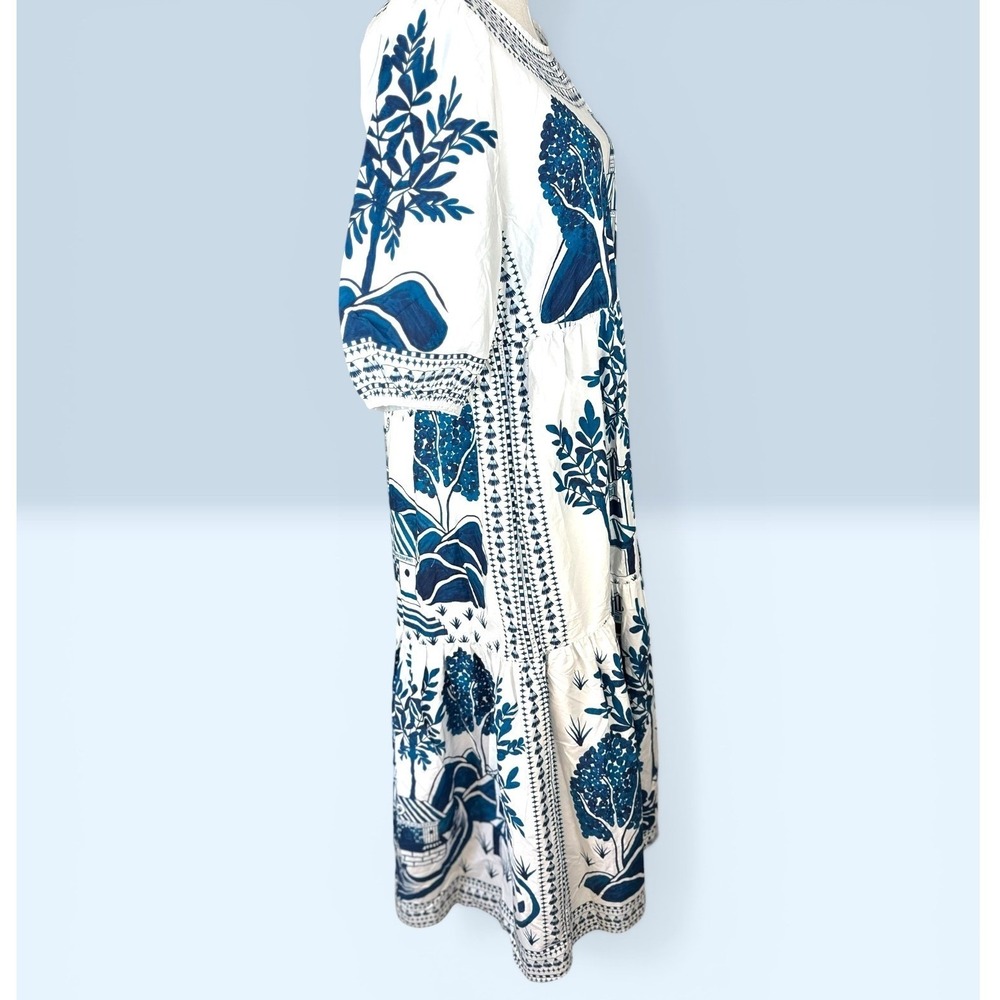 Farm Rio NWT Ancient Garden toile Pagoda Tiered Midi Dress SZSM White Blue Puff - Picture 6 of 14